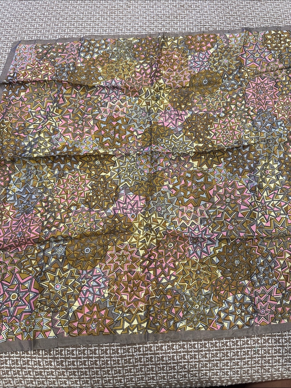 Geometric Star Pattern Silk Scarf in Pink, Gold & Brown